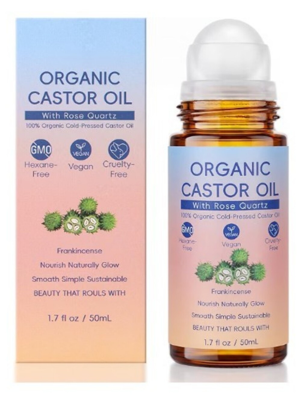 ❤️Organic Castor Oil Roll-On with Rose Quartz - Frankincense Scent